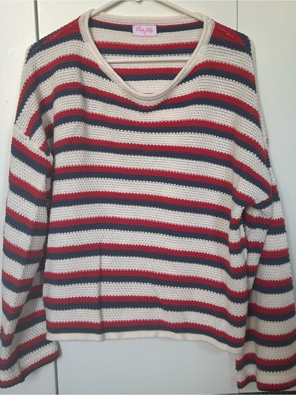 Pink Lily Cream, Red & Navy Striped Scoopneck Sweater M - Picture 1 of 3